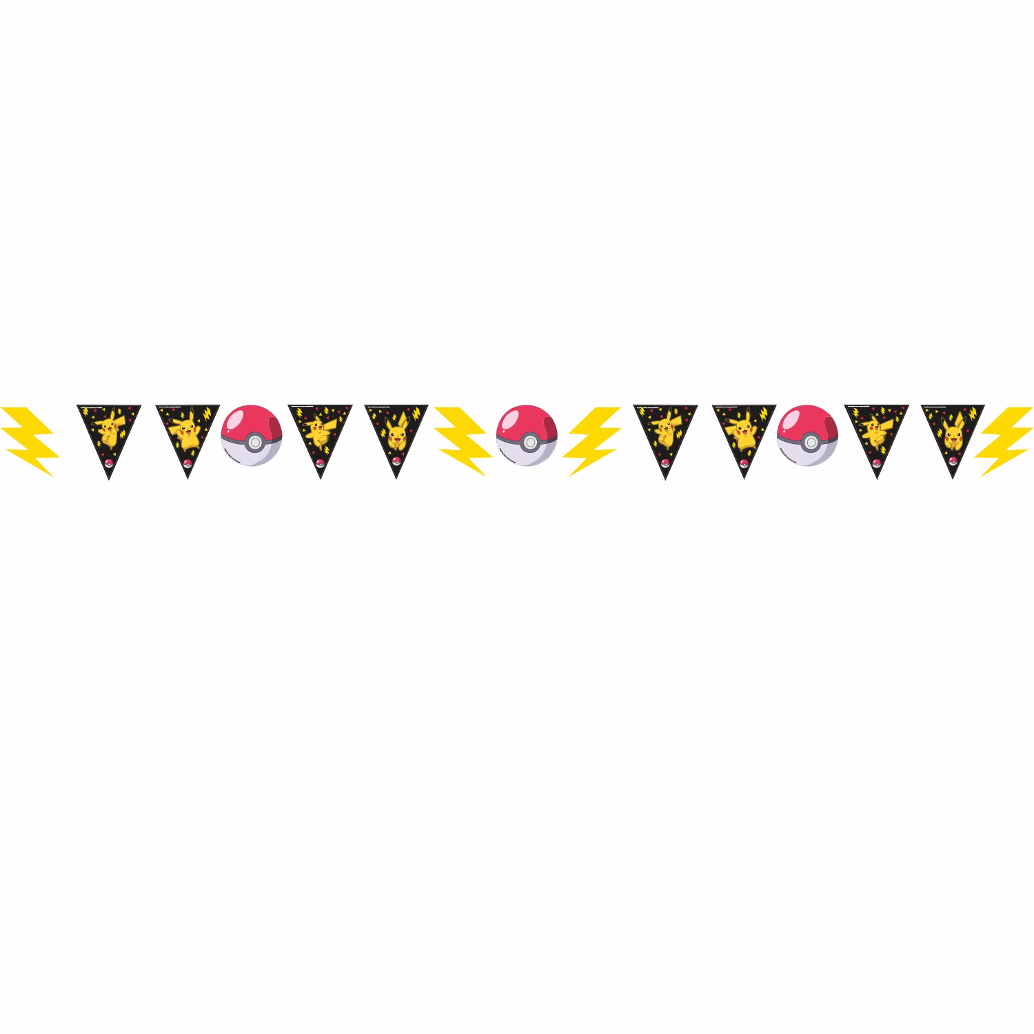 Pokémon Pikachu Wimpelkette Party Deko Pokémon Wimpelkette mit dreieckigen Pikachu-Motiven, Pokébällen und gelben Blitzsymbolen auf weißem Hintergrund.