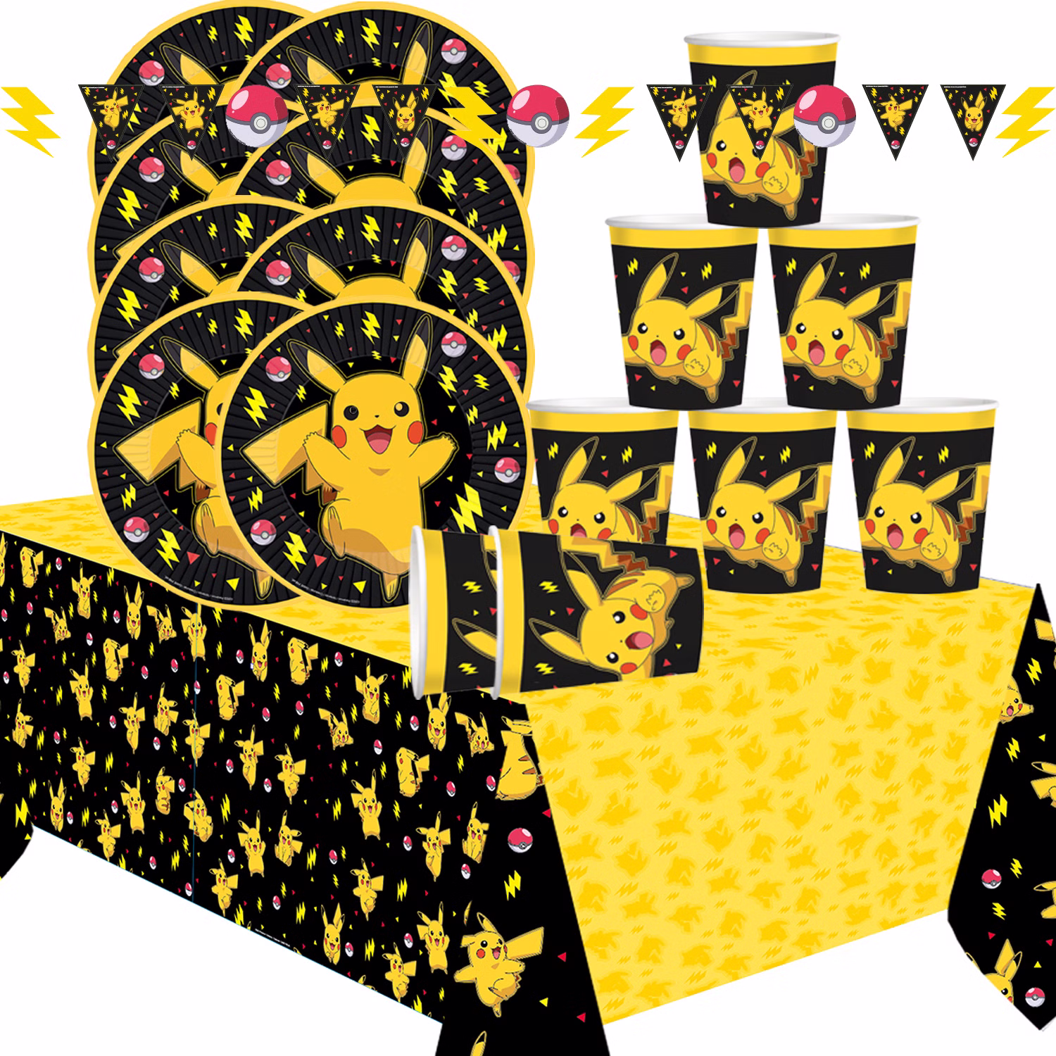 Pokémon Party Set Pikachu Tischdeko Gesamtansicht Pokémon Party-Dekoration mit Pikachu-Tellern, Bechern, schwarz-gelber Tischdecke und Wimpelkette mit Pokéball- und Blitzmotiven.