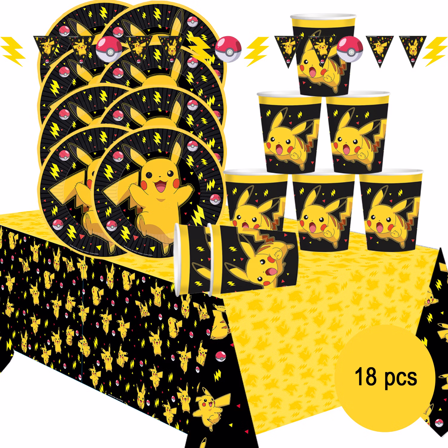 Pokémon Party Set 18 Teile Pikachu Gesamtansicht 18-teiliges Pokémon Party-Set mit Pikachu-Motiven, Wimpelkette, Tischdecke, acht Tellern und acht Bechern im schwarz-gelben Design.