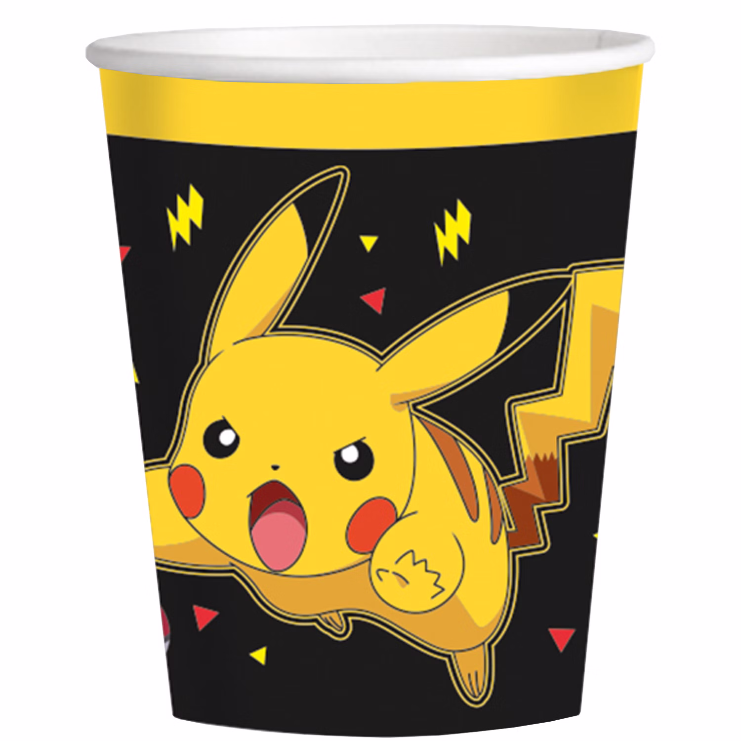 Pokémon Pikachu Partybecher schwarz gelb Schwarzer Pokémon Partybecher mit gelbem Rand und großem Pikachu-Motiv sowie Blitz- und Farbakzenten.
