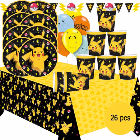 Pokemon Party-Set Kindergeburtstag für 8 Kinder 26-tlg. Tisch-Deko Party-Zubehör Geburtstag Mottoparty Dekoration Übersicht Pokemon Party-Set mit Partygeschirr und dem Hinweis mit 26 Einzelteilen