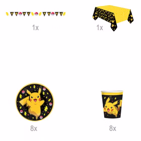 Pokémon Party Set 18 Teile Lieferumfang Übersicht des Pokémon Party-Sets mit einer Wimpelkette, einer Tischdecke, acht Pikachu-Tellern und acht passenden Bechern.