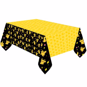 Pokémon Pikachu Tischdecke schwarz gelb Pokémon Tischdecke in Schwarz und Gelb mit zahlreichen Pikachu-, Pokéball- und Blitzmotiven an den Seiten.