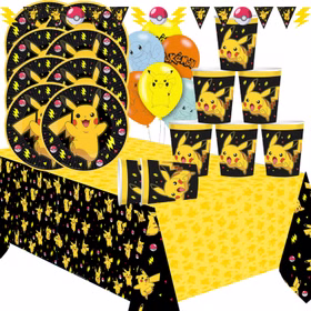 Pokemon Party-Set Kindergeburtstag für 8 Kinder 26-tlg. Tisch-Deko Party-Zubehör Geburtstag Mottoparty Dekoration Übersicht Pokemon Party-Set mit Partygeschirr.