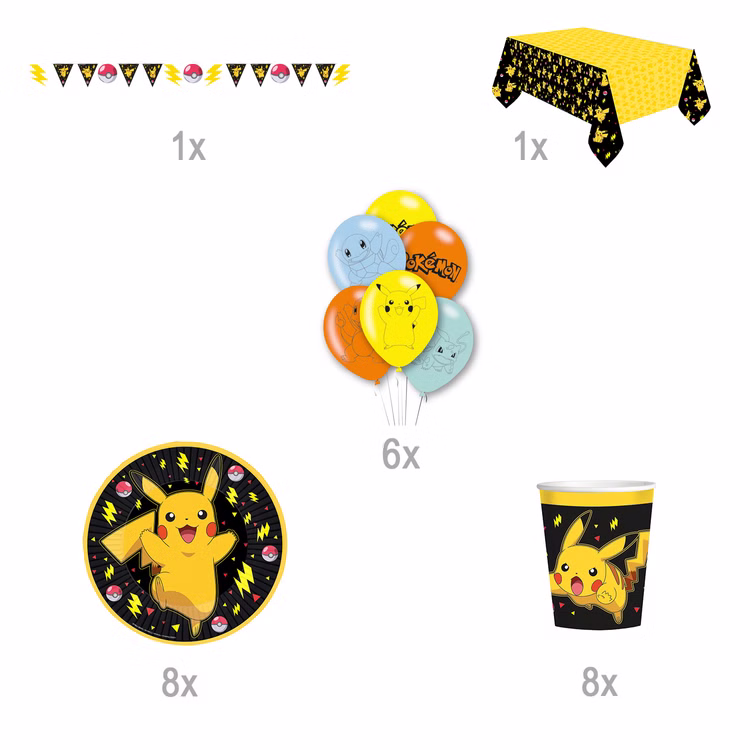 Pokemon Party-Set Kindergeburtstag für 8 Kinder 26-tlg. Tisch-Deko Party-Zubehör Geburtstag Mottoparty Dekoration Übersicht über das Pokemon-Party-Set mit den einzelnen Artikeln und der Anzahl