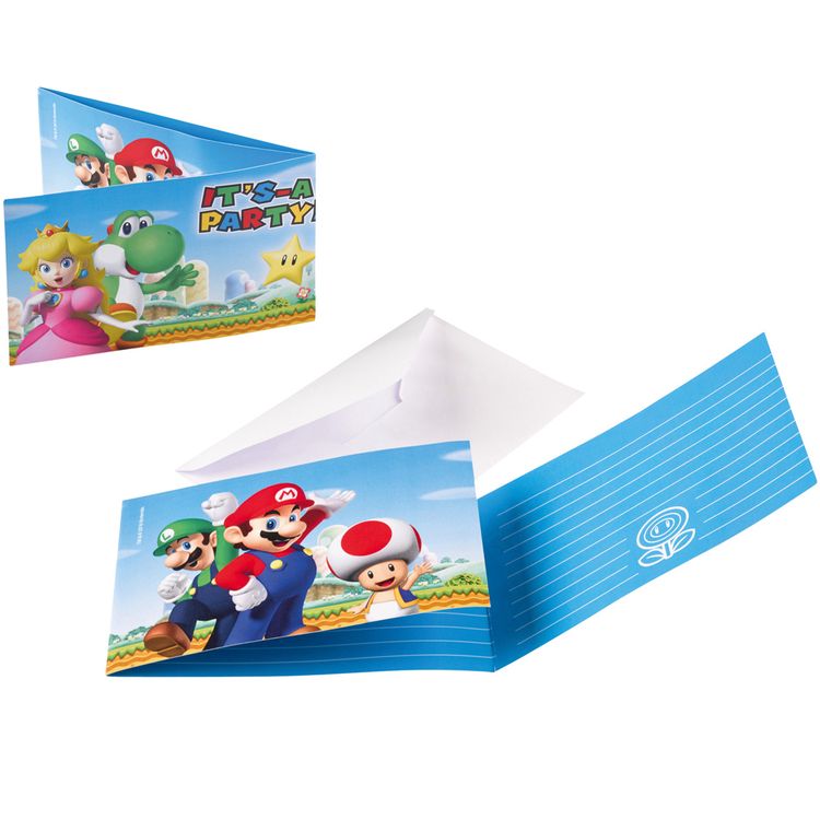 Super Mario Einladungskarten mit Umschlägen 8 Stück Party-Zubehör