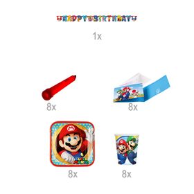 Super Mario Party-Set Kindergeburtstag 8 Kinder 33 Teile Geburtstag Pappgeschirr SALE Mottoparty Kinderfasching Fasching Karneval
