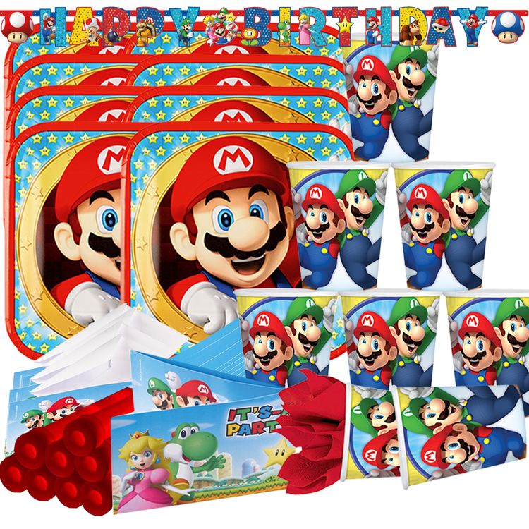 Super Mario Party-Set Kindergeburtstag 8 Kinder 33 Teile Geburtstag Pappgeschirr SALE Mottoparty Kinderfasching Fasching Karneval