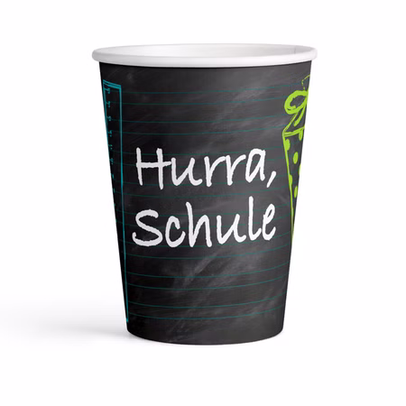 Becher Schulanfang Zuckertüte Einschulung Party Deko 8 Stück 250 ml Party-Zubehör Endlich Schulkind Zuckertütenfest Schulanfang Deko ABC-Schütze Schwarzer Partybecher zur Einschulung mit Schultüten-Motiv und weißem Schriftzug „Hurra, Schule“, ideal für Schulanfangsfeiern und Zuckertütenfeste.