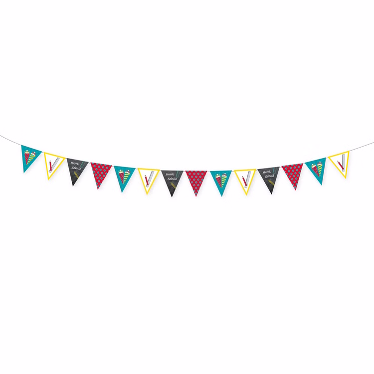 Wimpelkette Schulanfang Einschulung Party Deko Zuckertüte 4 Meter lang Party-Zubehör ABC-Schütze Zuckertütenfest Bunte Wimpelkette zur Einschulung mit Zuckertüten, Stiften und Schulmotiven auf dreieckigen Papierwimpeln, ideal als Dekoration für Schulanfang und Einschulungsfeier.