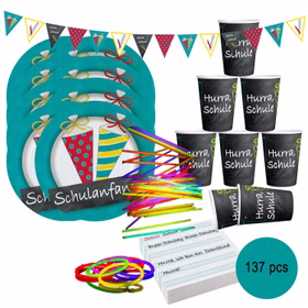 137-teiliges Einschulungs-Party-Set mit großer Knicklichterbox, Wimpelkette, Tellern, Bechern und Servietten. 