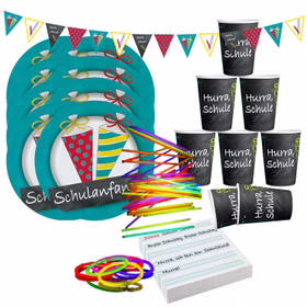 137-teiliges Einschulungs-Party-Set mit großer Knicklichterbox, Wimpelkette, Tellern, Bechern und Servietten. 