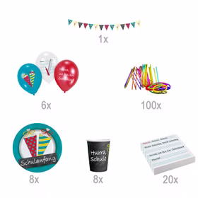 Schulanfang Party-Set Übersicht mit Wimpelkette, Ballons, Knicklichtern, Tellern, Bechern und Servietten.