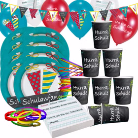 Detailansicht Einschulung Party-Deko Set mit bunten Ballons, Bechern, Tellern und Servietten im Schulanfang Design.