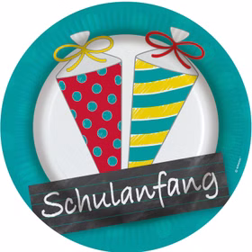 Pappteller Einschulung mit Zuckertüten Motiv und Schriftzug Schulanfang für Kinderparty.