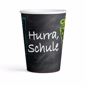 Pappbecher Einschulung schwarz mit Schriftzug Hurra Schule für Getränke bei der Schulanfangsfeier.