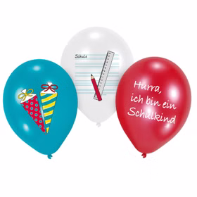 Luftballons Einschulung bunt mit Zuckertüten und Schulmotiv für Schulanfang Party Dekoration.