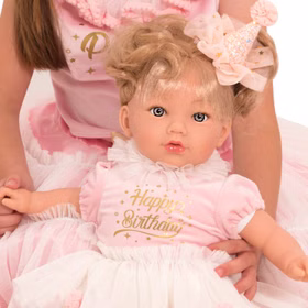 Puppe Emma Happy Birthday 45 cm mit Haare zum kämmen und frisieren Spielzeug Geburtstag Puppe Weichkörper Puppenkleid