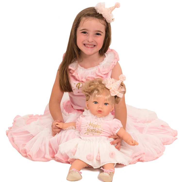 Puppe Emma Happy Birthday 45 cm mit Haare zum kämmen und frisieren Spielzeug Geburtstag Puppe Weichkörper Puppenkleid