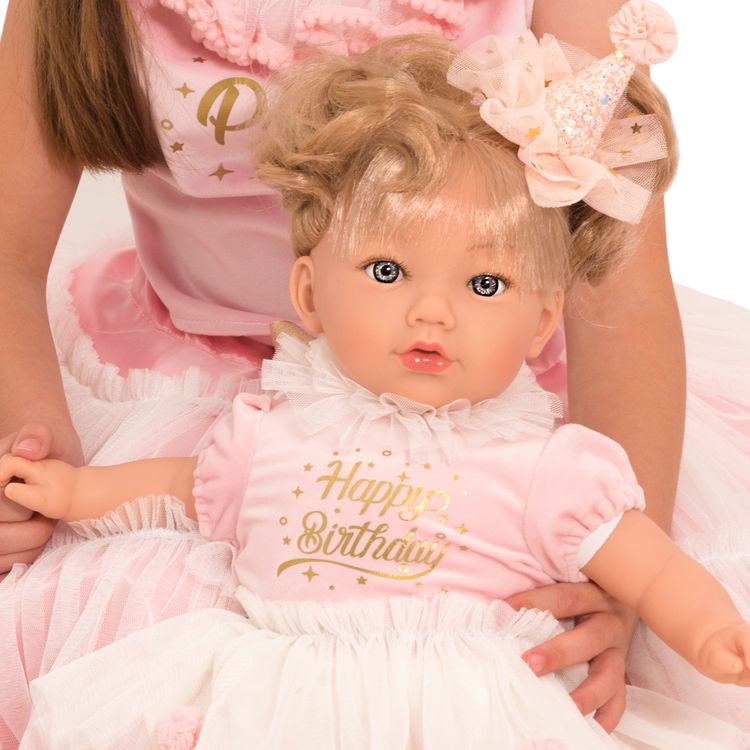 Puppe Emma Happy Birthday 45 cm mit Haare zum kämmen und frisieren Spielzeug Geburtstag Puppe Weichkörper Puppenkleid