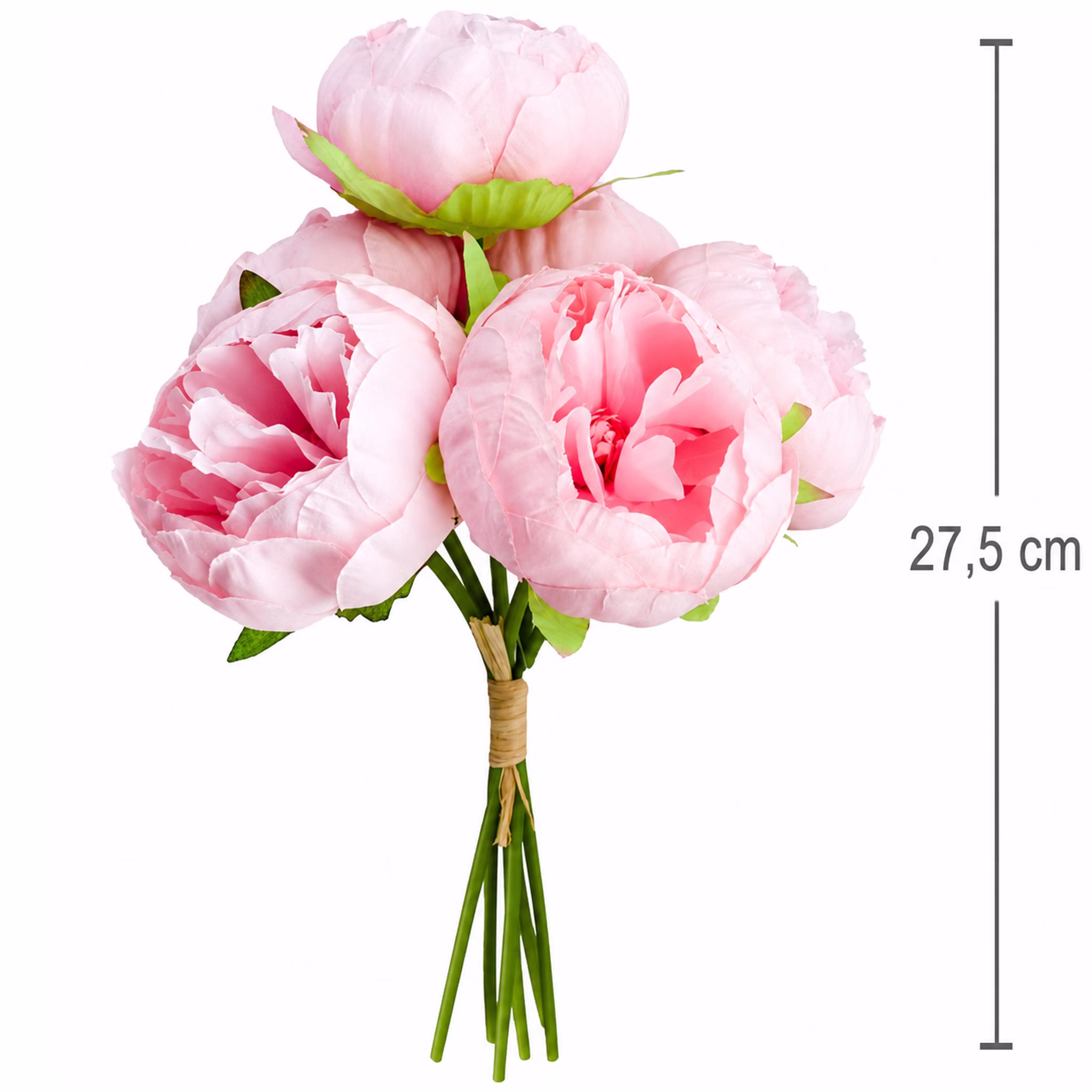Kunstblumen Pfingstrosen 6er Blumenstrauß Vintage weiß und pink 27,5 cm Deko SALE Tisch-Deko dekorative Blumen Hochzeit Geburtstag Zuhause künstlicher Blumenstrauß Künstlicher Blumenstrauß mit pinken Pfingstrosen und Maßangabe 27,5 cm vor hellem Hintergrund.