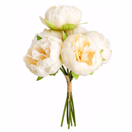 Kunstblumen Pfingstrosen 6er Blumenstrauß Vintage weiß und pink 27,5 cm Deko SALE Tisch-Deko dekorative Blumen Hochzeit Geburtstag Zuhause künstlicher Blumenstrauß Künstlicher Blumenstrauß mit weißen Pfingstrosen vor hellem Hintergrund.