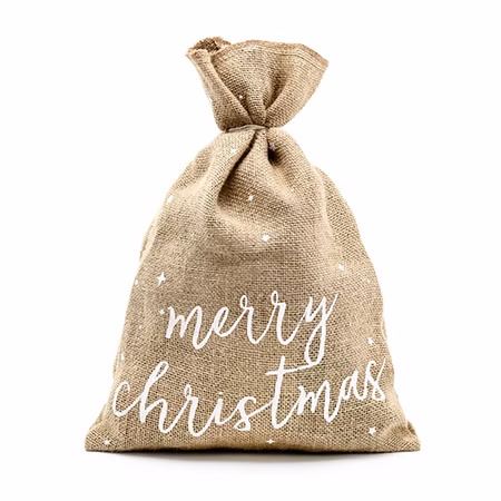 Jutesack Merry Christmas 30x42 cm Weihnachtsgeschenk Sack mit Garn SALE Geschenkesack DIY Weihnachten Geschenkidee Naturfarbener Jutesack mit weißem Merry Christmas Schriftzug und dekorativem Jutegarn zum Verschließen.