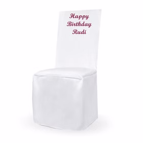 Personalisierte Stuhlhusse weiß universell mit individuellem Druck Geburtstag Hochzeit Geschenkidee Mr. & Mrs. Geburtstagskind