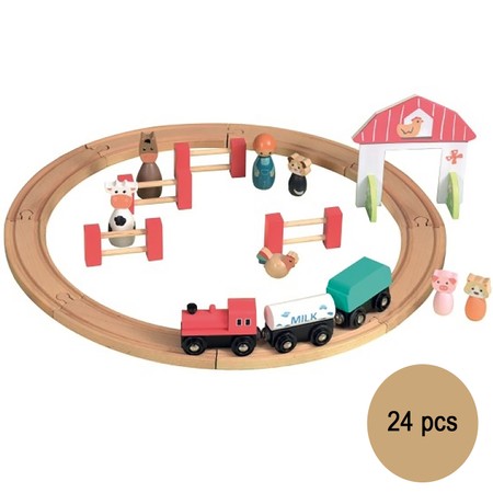 Spielzeug Holzeisenbahn Bauernhof mit Schienen und Figuren 24 Teile