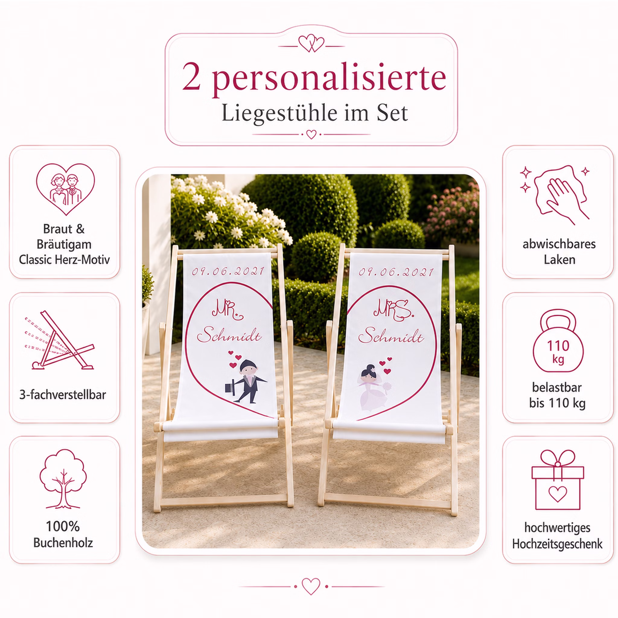 Infografik zu zwei personalisierten Liegestühlen im Set mit Classic Herz-Motiv, Buchenholz und 110 kg Tragkraft.