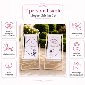 Personalisierte Hochzeits-Liegestühle Mr. & Mrs. mit Wunschname und Hochzeitsdatum individuelles Hochzeitsgeschenk 2 Liegestühle Geschenkidee zur Hochzeit Gastgeschenk Hochzeitsfeier Infografik zu zwei personalisierten Liegestühlen im Set mit Classic Herz-Motiv, Buchenholz und 110 kg Tragkraft.