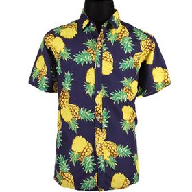 Sommer Herren Hawaiihemd mit Ananas-Motiv Gr. M-XXXL schwarz lässiges Urlaubs-Outfit