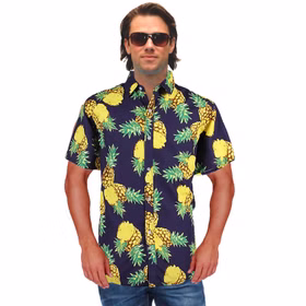 Sommer Herren Hawaiihemd mit Ananas-Motiv Gr. M-XXXL schwarz lässiges Urlaubs-Outfit Hinweis: KI generiertes Bild