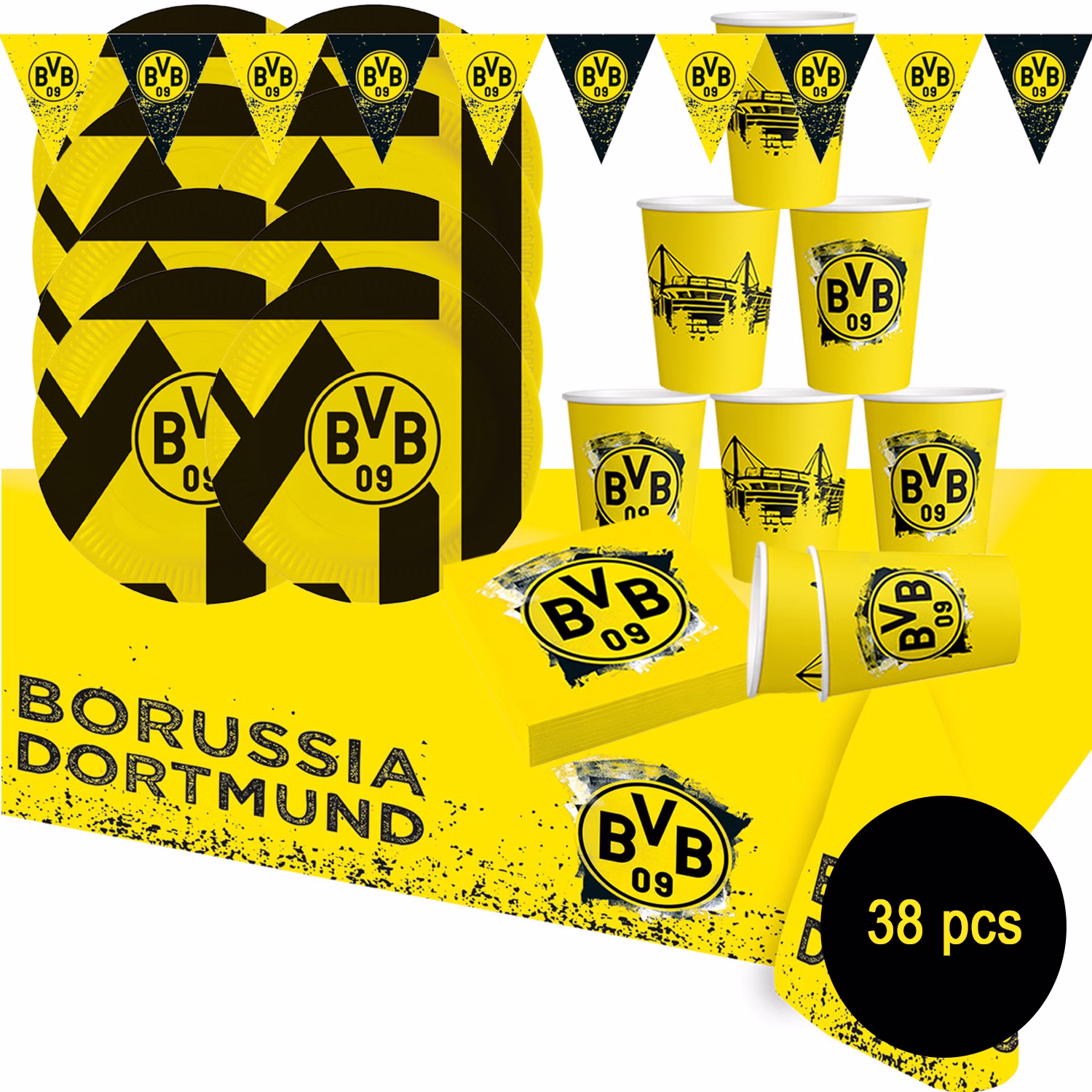 BVB Borussia Dortmund Party-Set schwarz-gelb 38-tlg Party-Set Bundesliga Fußball Deko Party-Deko Tisch-Deko BVB 09 Partyset 38 Teile mit Tellern, Bechern, Servietten und Wimpelkette, ideal für Kindergeburtstag und Fußballfans