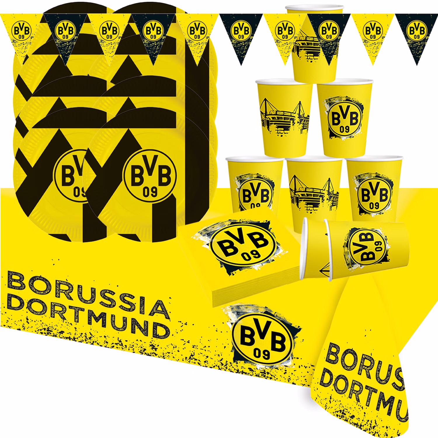 BVB Borussia Dortmund Party-Set schwarz-gelb 38-tlg Party-Set Bundesliga Fußball Deko Party-Deko Tisch-Deko Borussia Dortmund Partyset mit Tellern, Bechern, Servietten und Girlande, komplette Fan-Deko für Fußballparty
