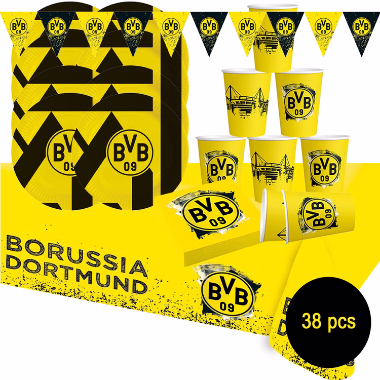 BVB Borussia Dortmund Party-Set schwarz-gelb 38-tlg Party-Set Bundesliga Fußball Deko Party-Deko Tisch-Deko BVB 09 Partyset 38 Teile mit Tellern, Bechern, Servietten und Wimpelkette, ideal für Kindergeburtstag und Fußballfans