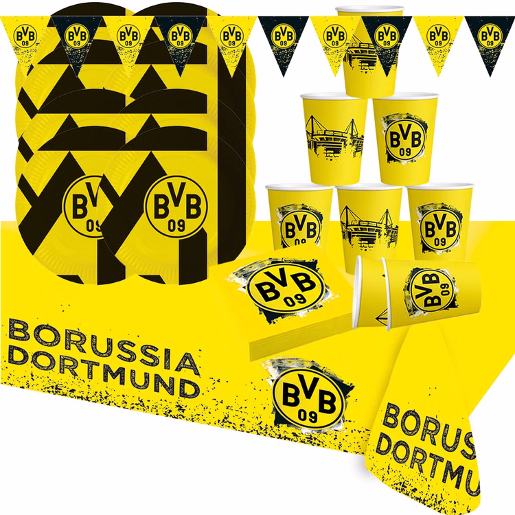 BVB Borussia Dortmund Party-Set schwarz-gelb 38-tlg Party-Set Bundesliga Fußball Deko Party-Deko Tisch-Deko Borussia Dortmund Partyset mit Tellern, Bechern, Servietten und Girlande, komplette Fan-Deko für Fußballparty