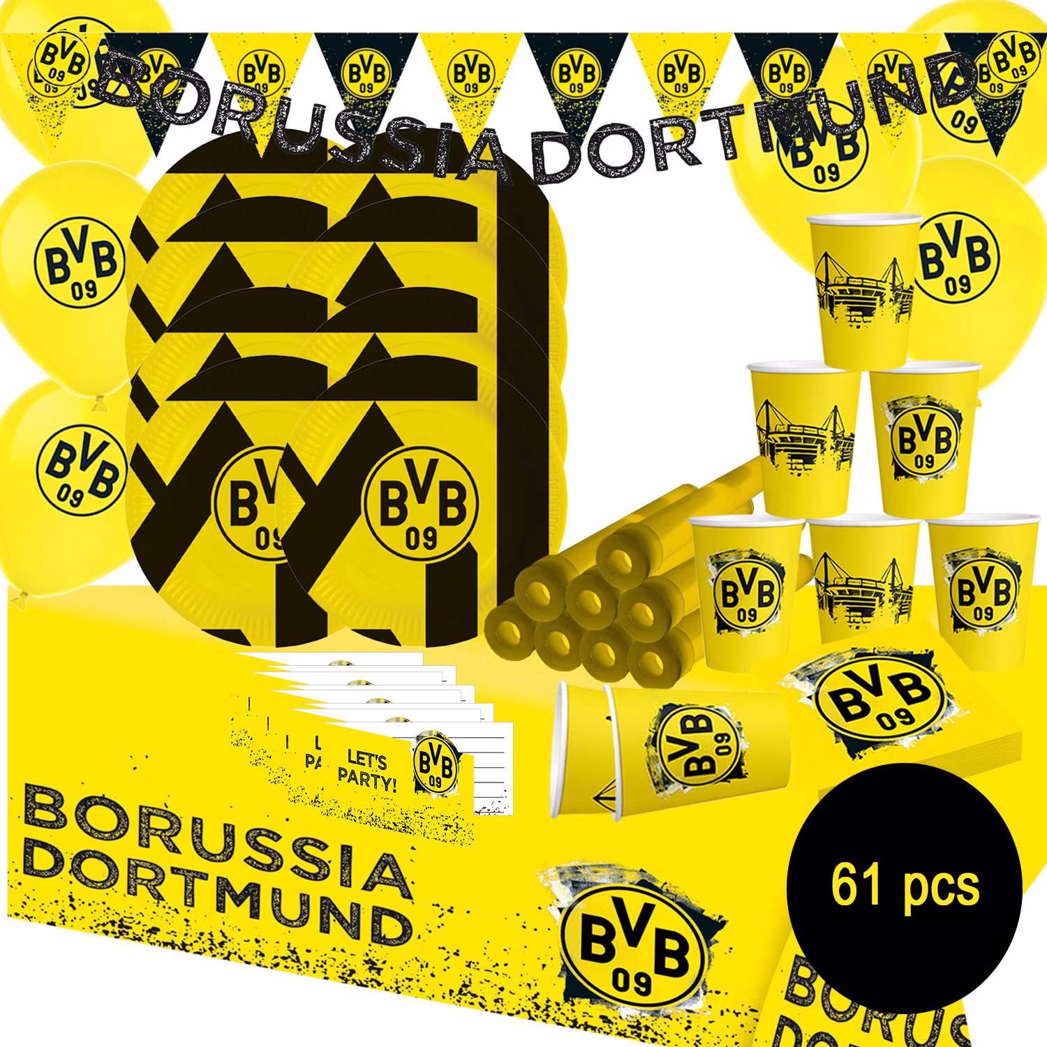 XXL BVB Borussia Dortmund Party-Set schwarz-gelb Fußball 61 Teile Partygeschirr Luftballons Party-Deko Party-Zubehör BVB 09 Partyset 61 Teile mit Tellern, Bechern, Servietten Luftballons, Banner, Einladungskarten, Knicklichtern und Wimpelkette, ideal für Kindergeburtstag und Fußballfans.