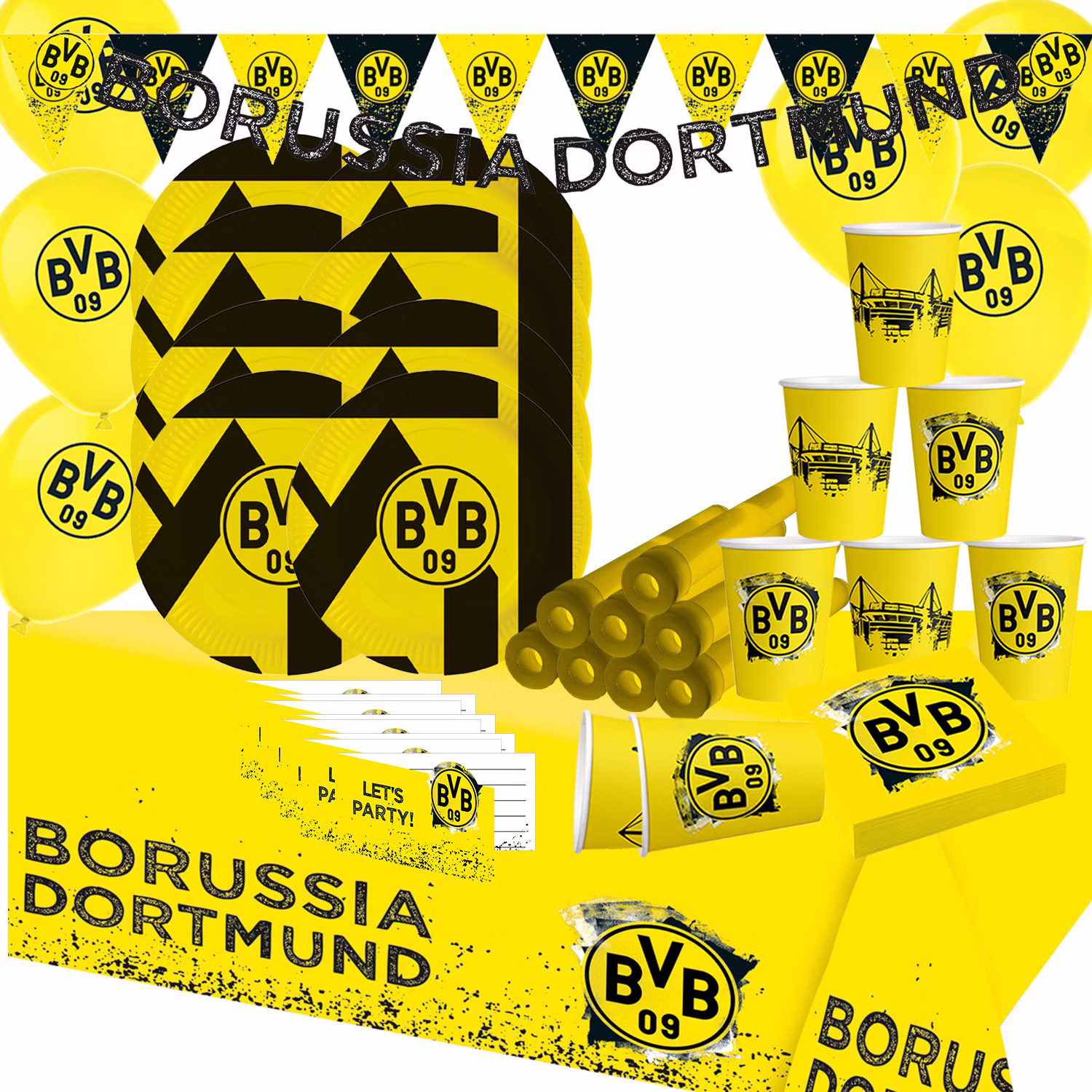 XXL BVB Borussia Dortmund Party-Set schwarz-gelb Fußball 61 Teile Partygeschirr Luftballons Party-Deko Party-Zubehör Borussia Dortmund Partyset komplette Fan-Deko für Fußballparty.