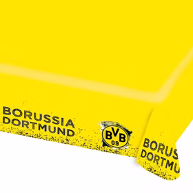Gelbe Borussia Dortmund Tischdecke mit BVB 09 Logo und Schriftzug, ideal für Fußballpartys und Fan-Dekoration.