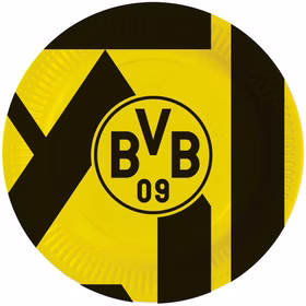 Gelber Borussia Dortmund Pappteller mit BVB 09 Logo und modernem Streifendesign, stabil und perfekt für Partys.