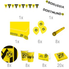 BVB 09 Partyset 61 Teile mit Tellern, Bechern, Servietten Luftballons, Banner, Einladungskarten, Knicklichtern und Wimpelkette, ideal für Kindergeburtstag und Fußballfans.