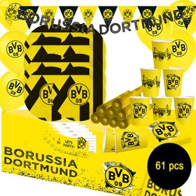 BVB 09 Partyset 61 Teile mit Tellern, Bechern, Servietten Luftballons, Banner, Einladungskarten, Knicklichtern und Wimpelkette, ideal für Kindergeburtstag und Fußballfans.