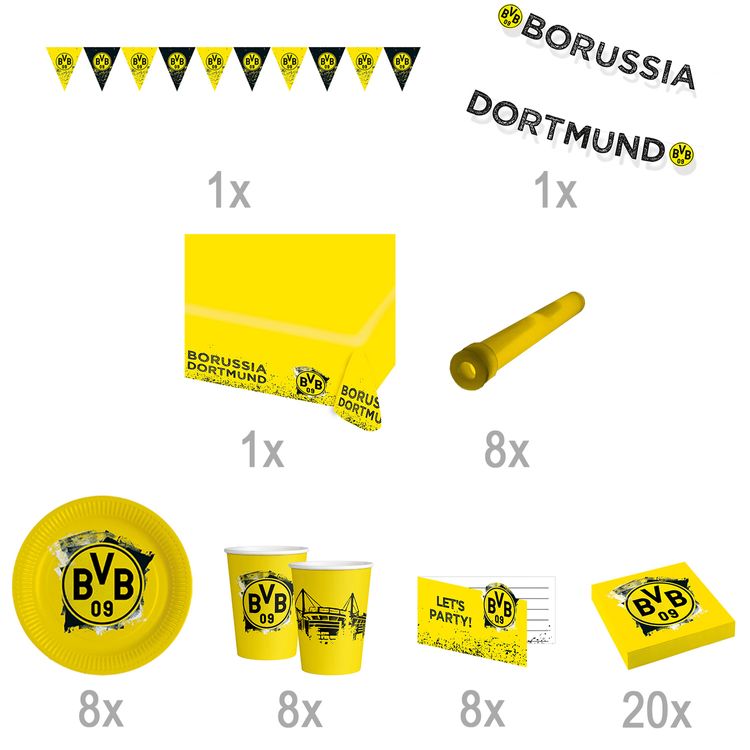 XXL BVB Borussia Dortmund Party-Set schwarz-gelb, 55-tlg. XXL BVB Borussia Dortmund Party-Set schwarz-gelb Fußball 55 Teile Partygeschirr Luftballons Party-Deko Party-Zubehör