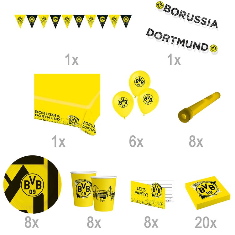 XXL BVB Borussia Dortmund Party-Set schwarz-gelb 61-tlg. Party-Deko BVB 09 Partyset 61 Teile mit Tellern, Bechern, Servietten Luftballons, Banner, Einladungskarten, Knicklichtern und Wimpelkette, ideal für Kindergeburtstag und Fußballfans.