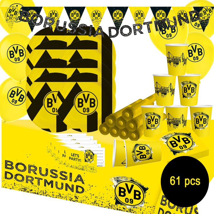 XXL BVB Borussia Dortmund Party-Set schwarz-gelb 61-tlg. Party-Deko BVB 09 Partyset 61 Teile mit Tellern, Bechern, Servietten Luftballons, Banner, Einladungskarten, Knicklichtern und Wimpelkette, ideal für Kindergeburtstag und Fußballfans.