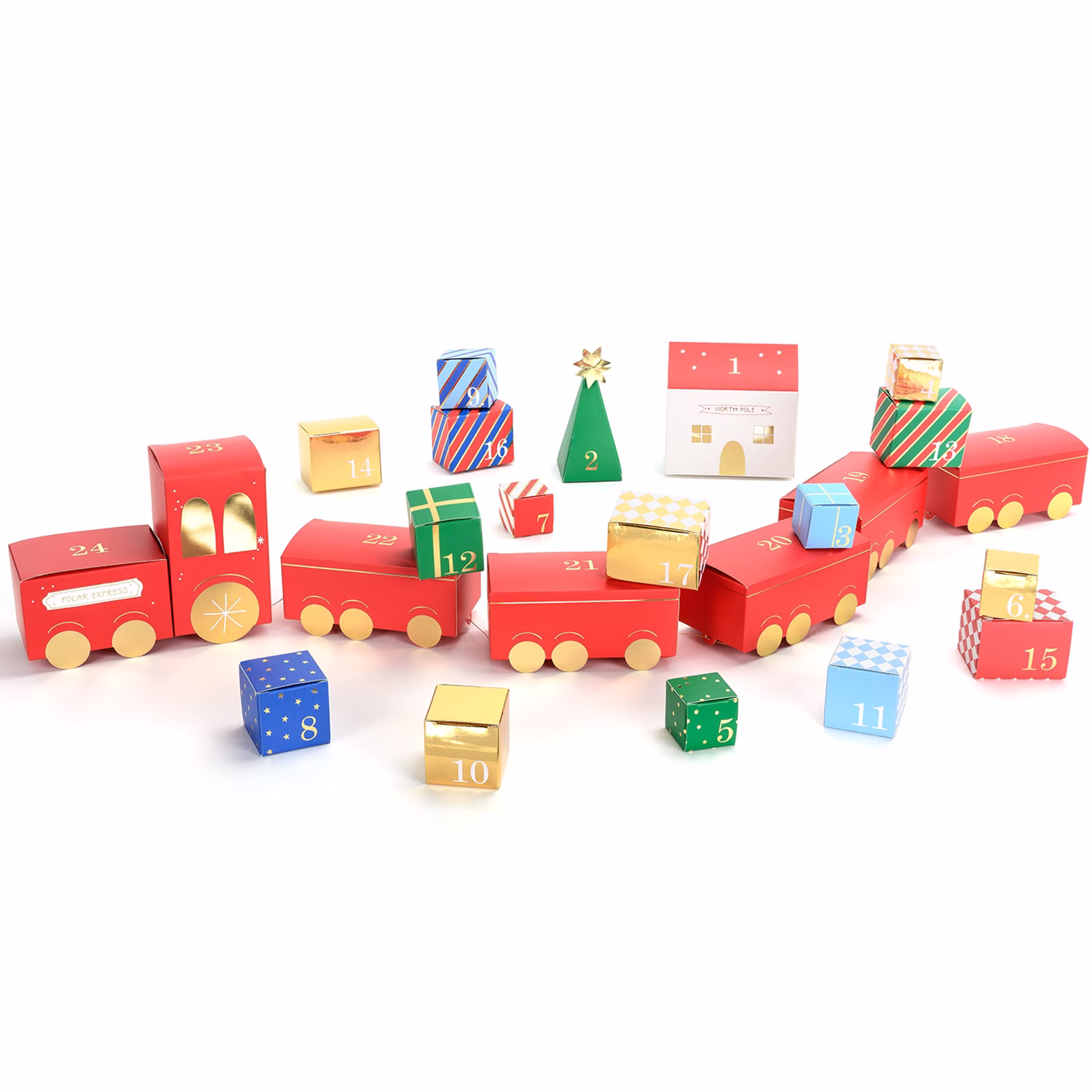 DIY Adventskalender Weihnachtszug zum Befüllen 24 Boxen aus Papier SALE 27-tlg. Bastel-Set 24 Schachteln, 50 cm Schnur, Brief an den Weihnachtsmann und Anleitung Geschenkidee Advent Adventszeit Bunter DIY Adventskalender in Form eines Weihnachtszuges mit 24 nummerierten Geschenkboxen zum individuellen Befüllen.