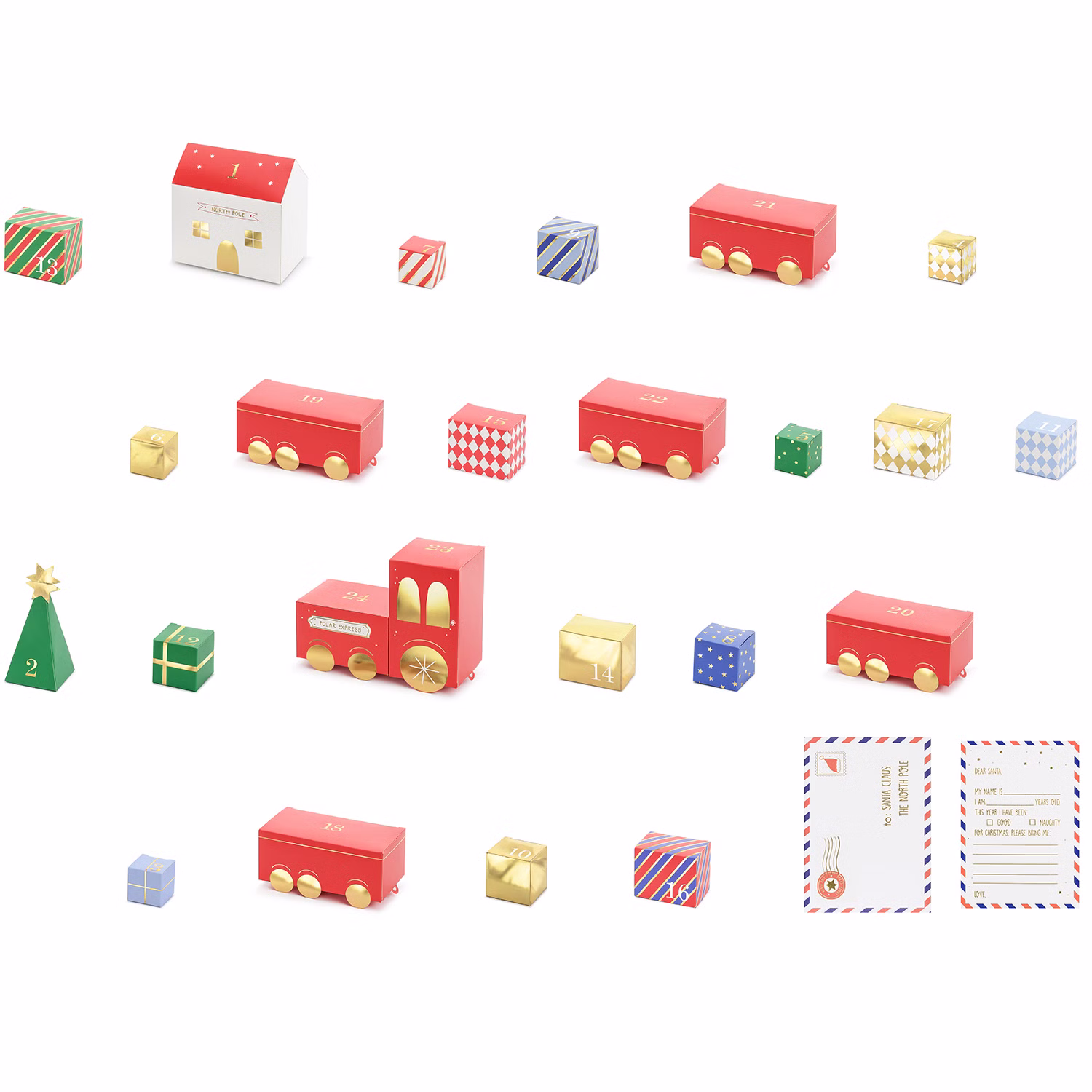 DIY Adventskalender Weihnachtszug zum Befüllen 24 Boxen aus Papier SALE 27-tlg. Bastel-Set 24 Schachteln, 50 cm Schnur, Brief an den Weihnachtsmann und Anleitung Geschenkidee Advent Adventszeit Übersicht aller enthaltenen Adventskalender-Elemente mit Lokomotive, Waggons, Geschenkboxen, Weihnachtsbaum und Brief an den Weihnachtsmann.