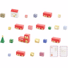 DIY Adventskalender Weihnachtszug zum Befüllen 24 Boxen aus Papier SALE 27-tlg. Bastel-Set 24 Schachteln, 50 cm Schnur, Brief an den Weihnachtsmann und Anleitung Geschenkidee Advent Adventszeit Übersicht aller enthaltenen Adventskalender-Elemente mit Lokomotive, Waggons, Geschenkboxen, Weihnachtsbaum und Brief an den Weihnachtsmann.