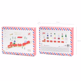 DIY Adventskalender Weihnachtszug zum Befüllen 24 Boxen aus Papier SALE 27-tlg. Bastel-Set 24 Schachteln, 50 cm Schnur, Brief an den Weihnachtsmann und Anleitung Geschenkidee Advent Adventszeit Verpackungsansicht des DIY Adventskalender-Sets mit Maßangaben und Übersicht des Lieferumfangs.